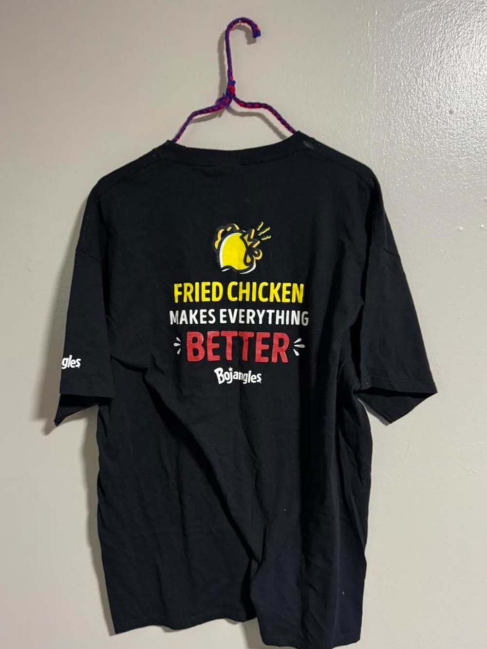 Port Authority Black Short Sleeve Tee with Yellow and Red Fried Chicken Graphic
